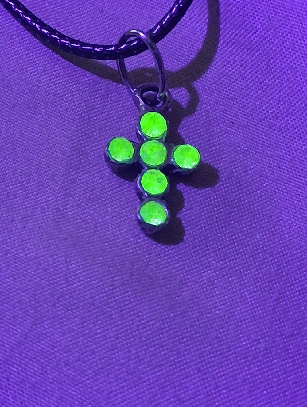 Uranium Glass Rhinestones, new-old-stock, Vaseline-colored, In Silvertone Cross